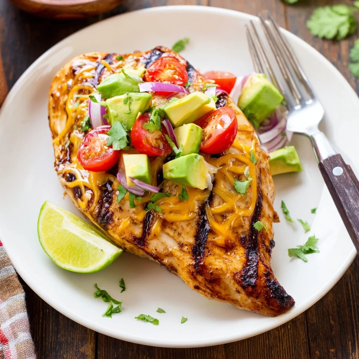 Marinated Fiesta Lime Chicken With Avocado showing charred grill marks and creamy topping.