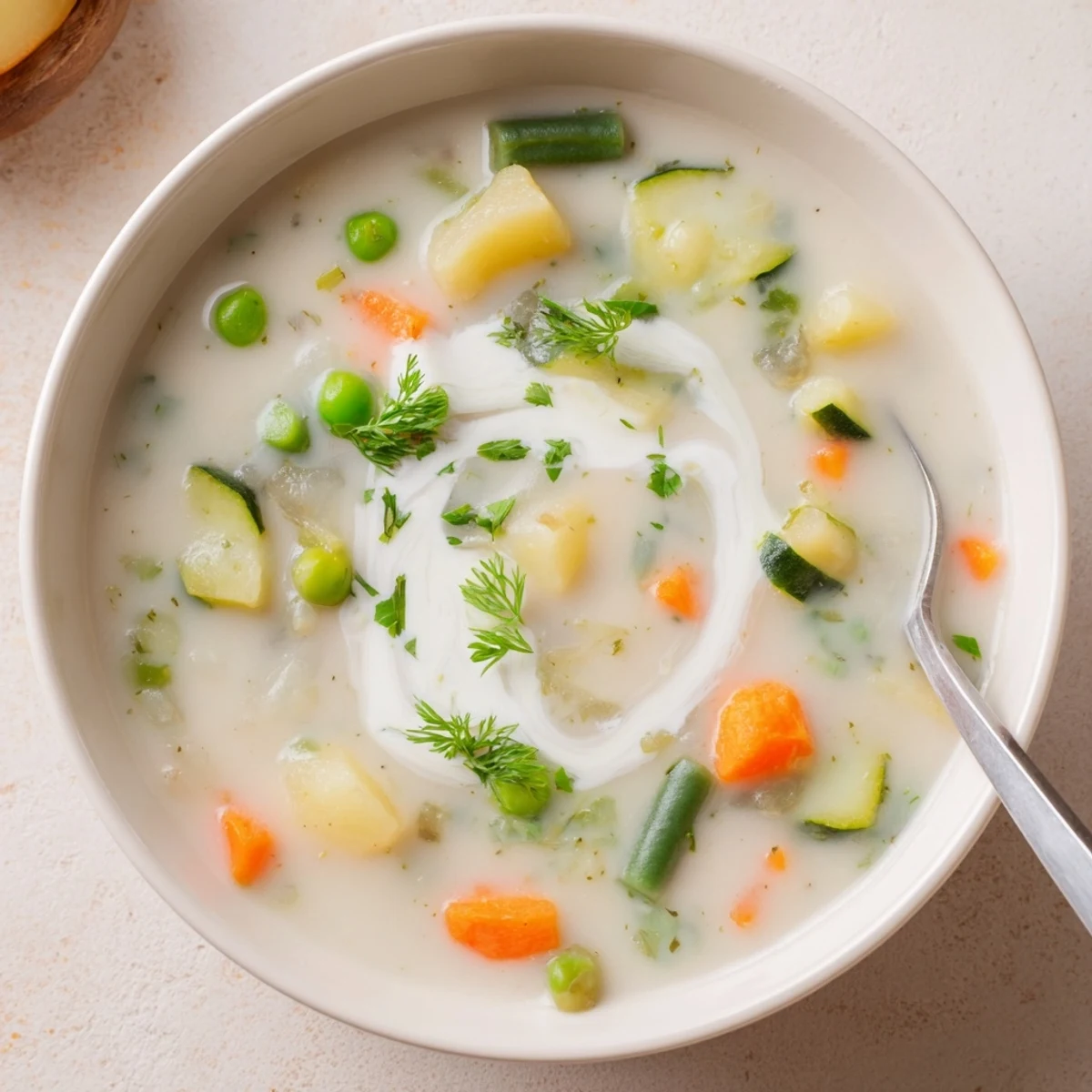 Warm Creamy Vegetable Soup Recipe ladled with crusty bread, fragrant thyme garnish.