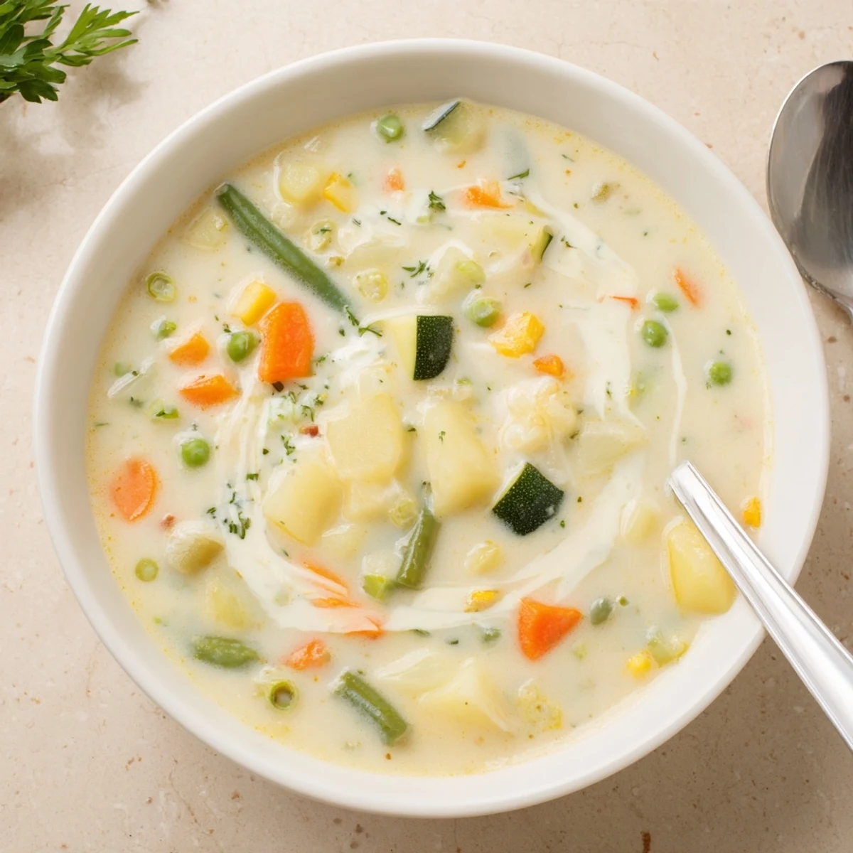 Earthen bowl of Creamy Vegetable Soup Recipe shows velvety, vibrant garden vegetables.