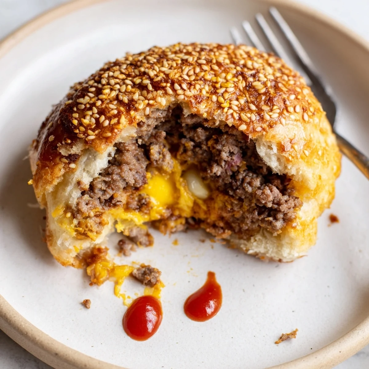 Golden baked Cheesy Cheeseburger Bombs Explosion Recipe oozing melted cheese, with sesame seeds