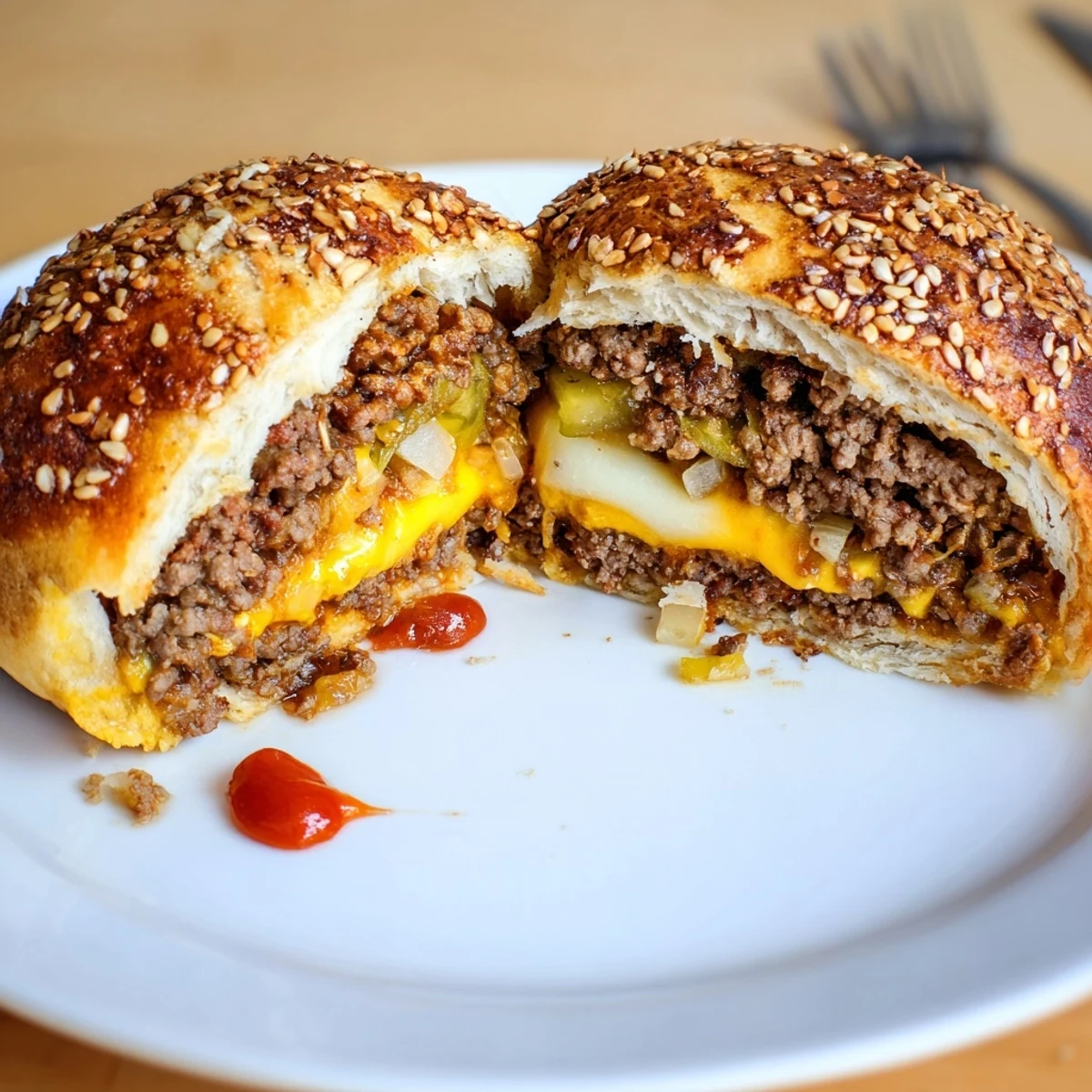 Warm and just-baked Cheesy Cheeseburger Bombs Explosion Recipe served with tangy ketchup