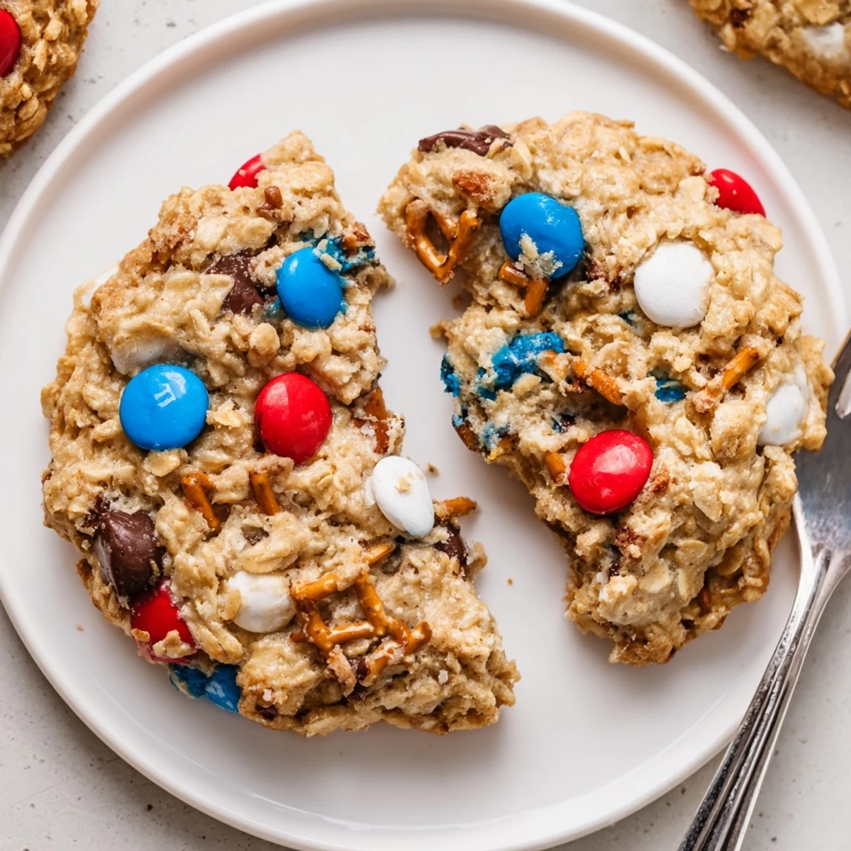 Warm Patriotic Monster Cookies Recipe with chewy centers and colorful candy crunch