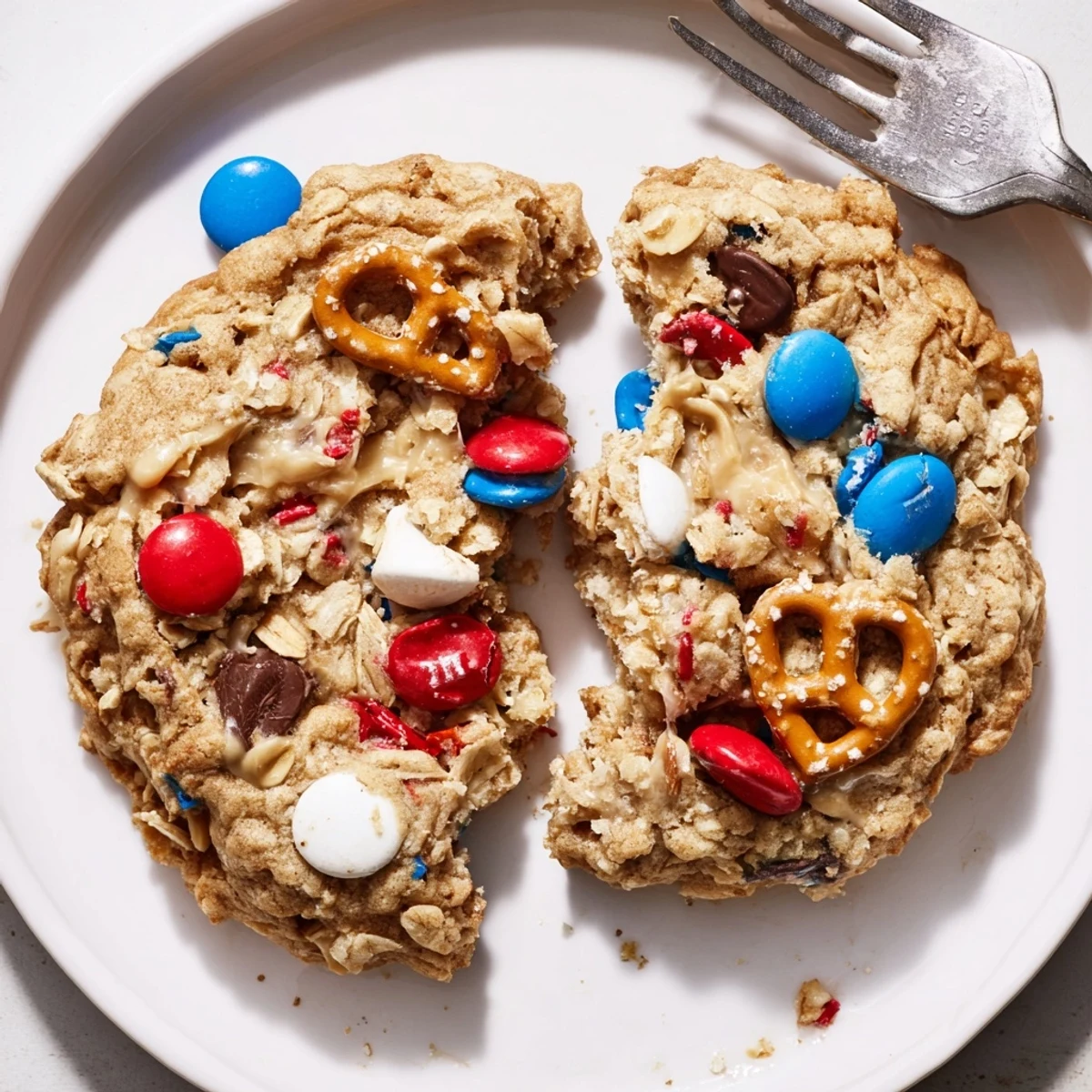 Fresh-baked Patriotic Monster Cookies Recipe on cooling rack, oats and peanut butter aroma