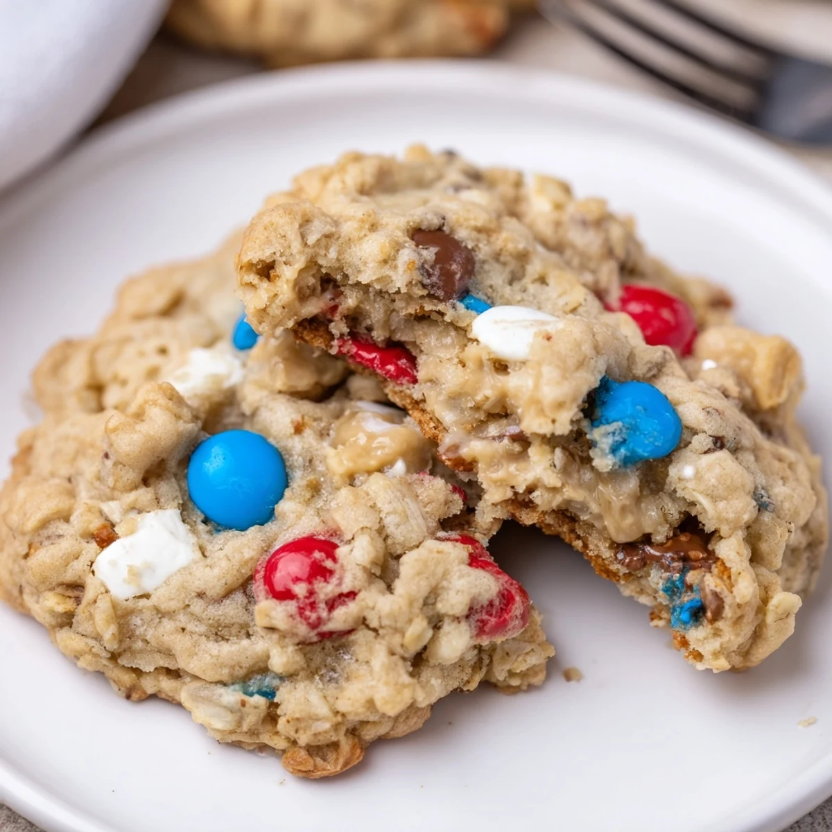 Stacked Patriotic Monster Cookies Recipe served on picnic plate for Fourth of July