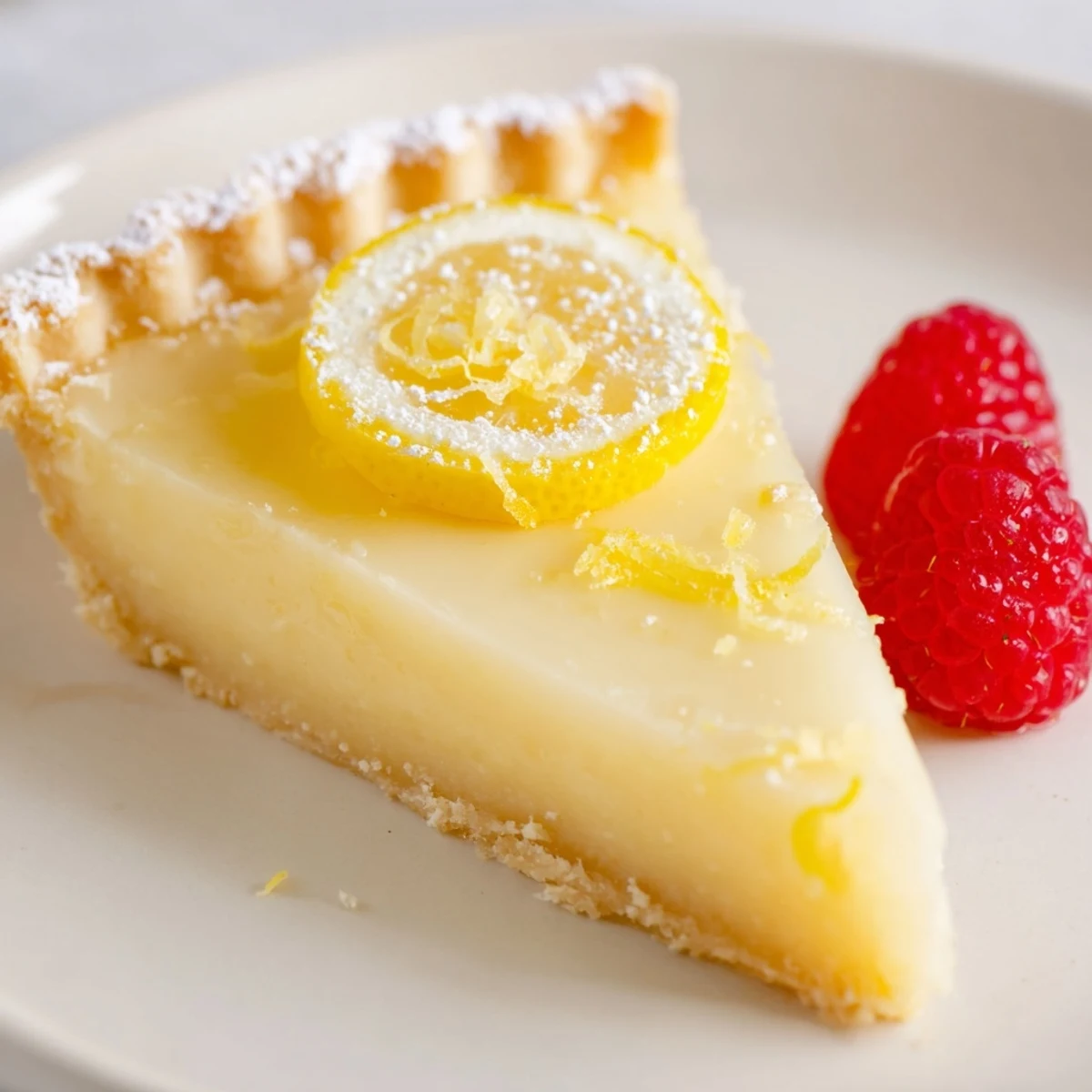 A slice of Creamy Lemon Tart served chilled with fresh berries