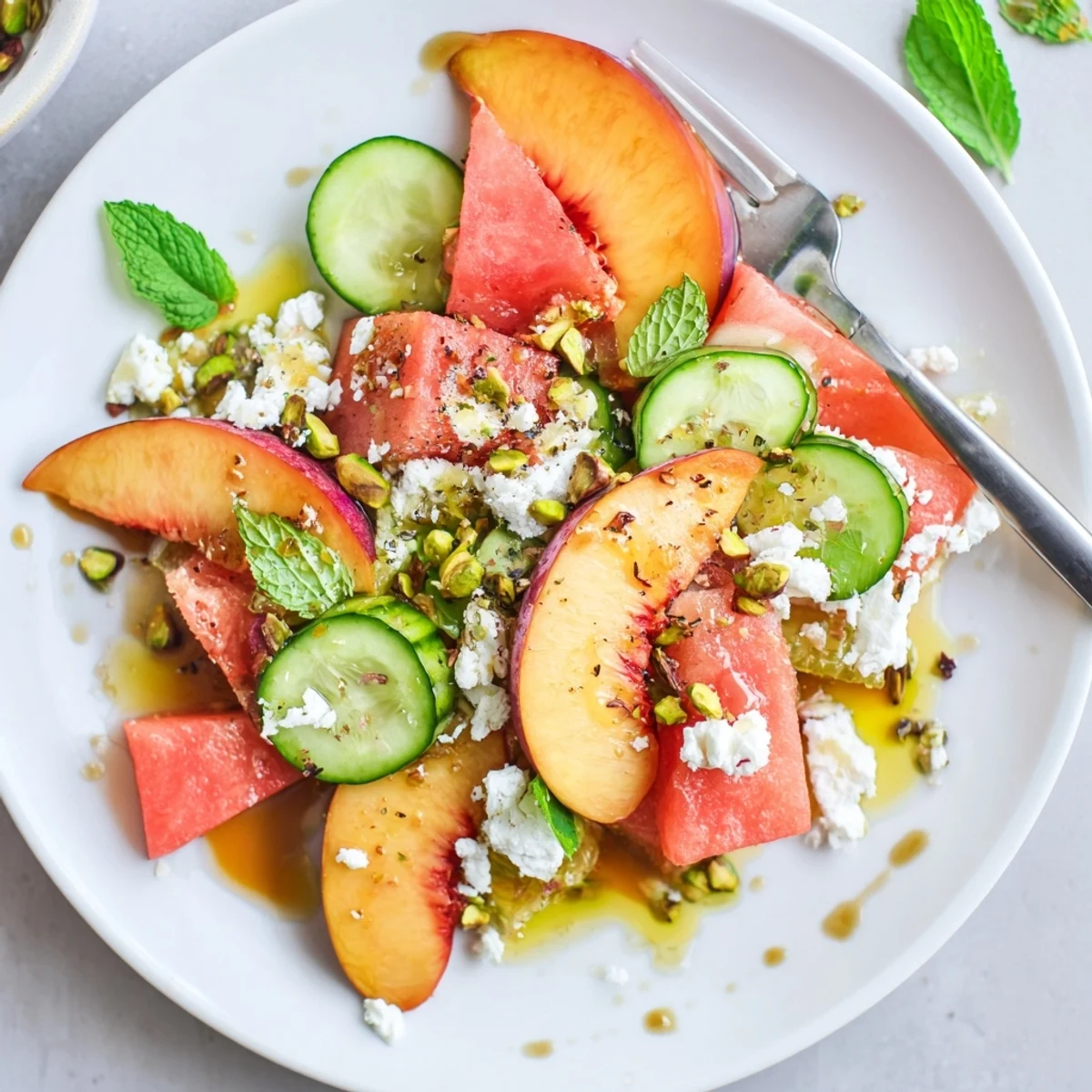 Chilled Summer Peach Watermelon Salad topped with pistachios, cucumber slices, basil