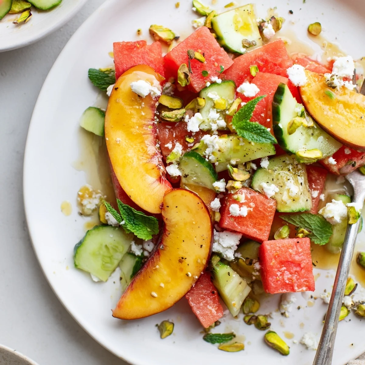 Summer Peach Watermelon Salad with torn mint, feta crumbles, honey-lime sheen