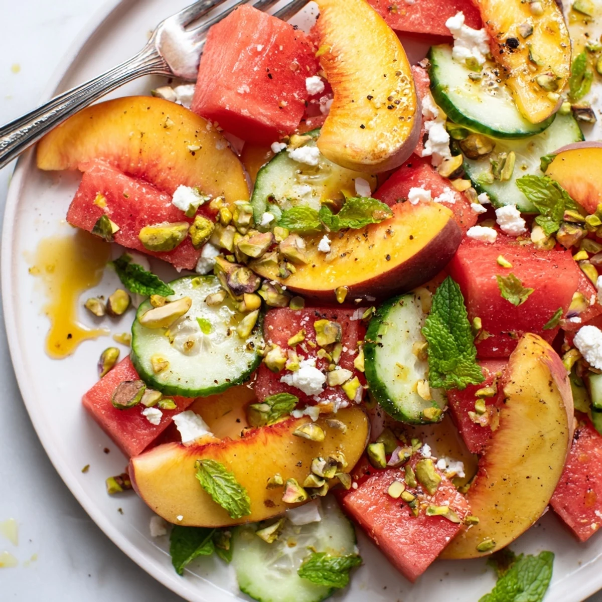 Juicy Summer Peach Watermelon Salad tossed in honey-lime dressing, perfect for picnics