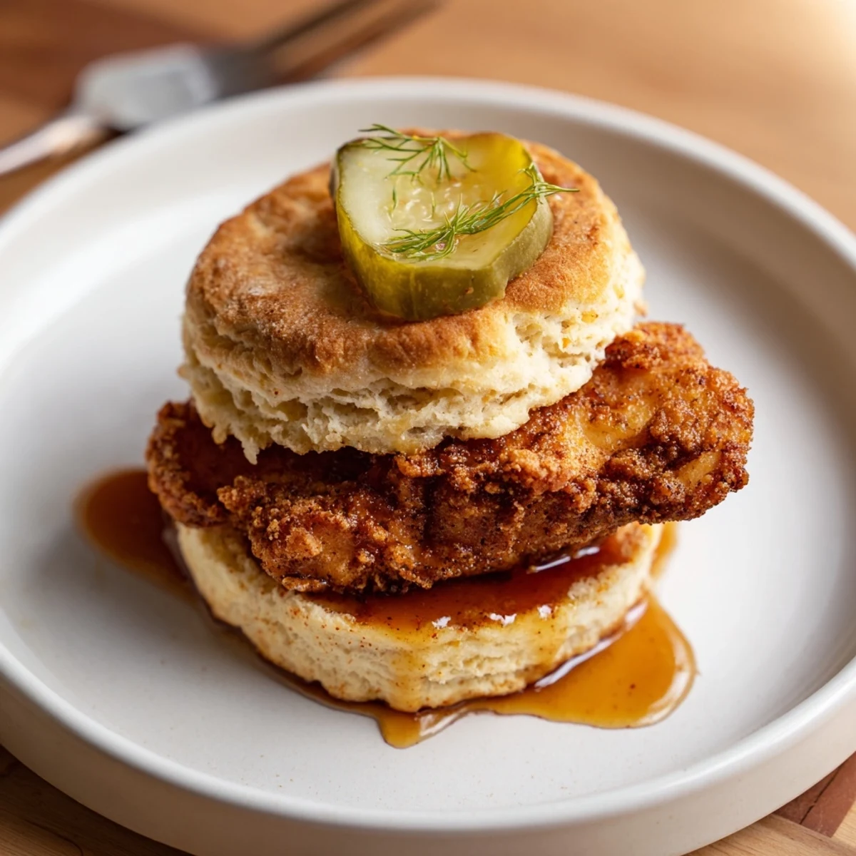 Hot Honey Chicken Biscuits tucked into warm buttermilk rounds with sticky honey drizzle