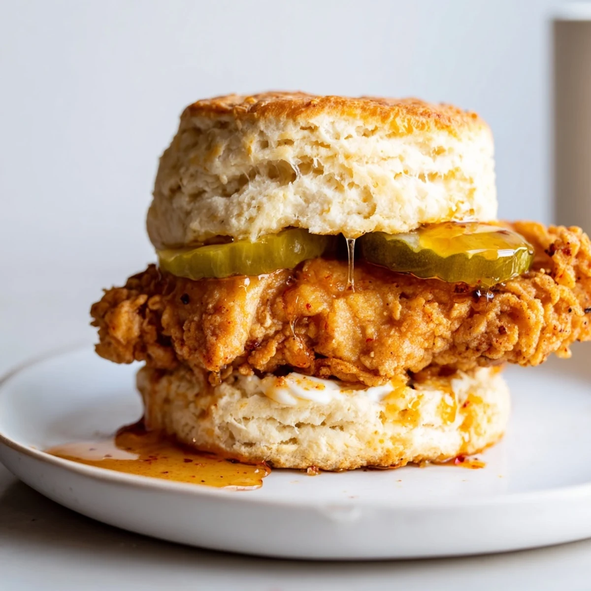 Hot Honey Chicken Biscuits featuring crispy spiced chicken, buttery flakes, pickles optional