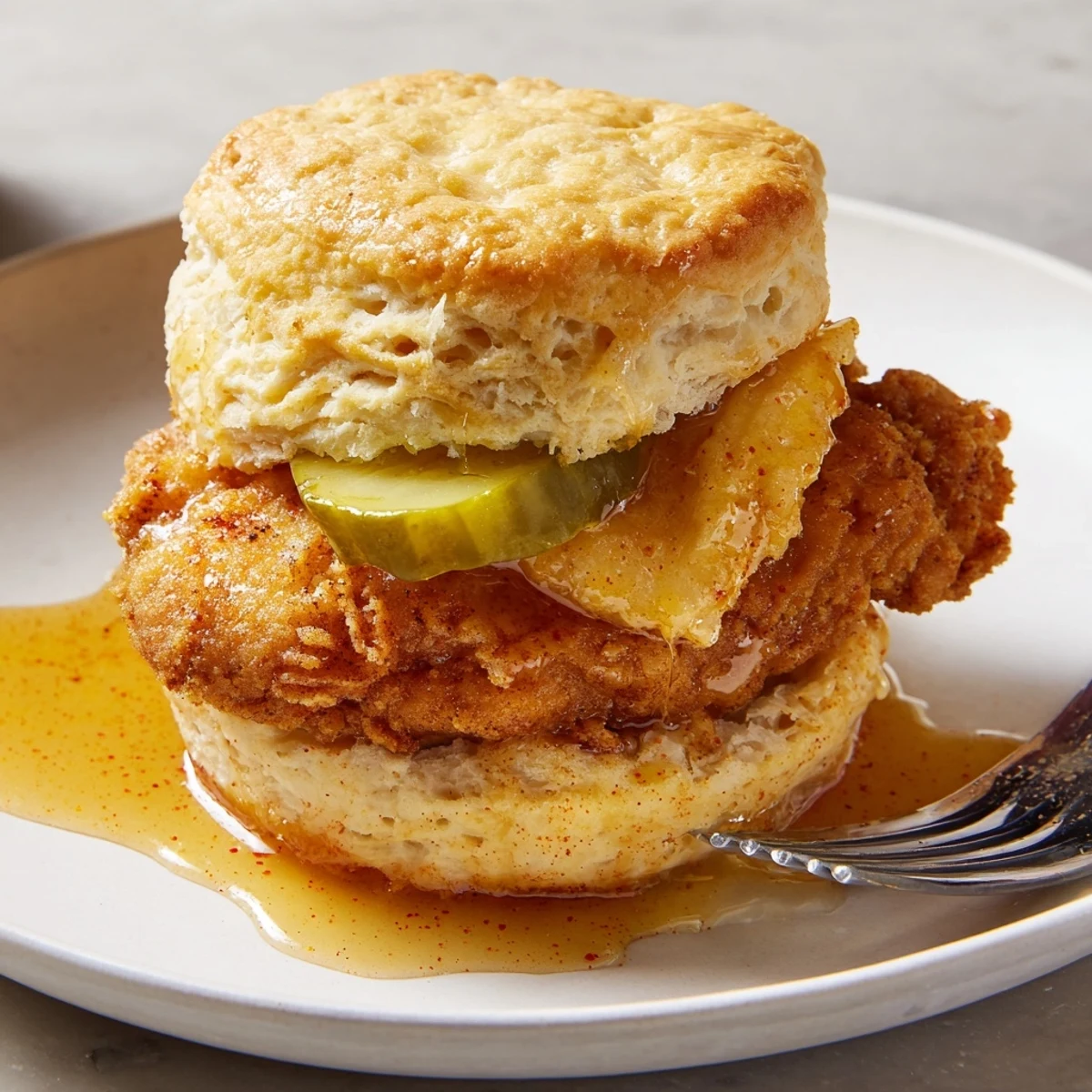 Hot Honey Chicken Biscuits plated for brunch, golden crust, sweet-spicy honey sheen