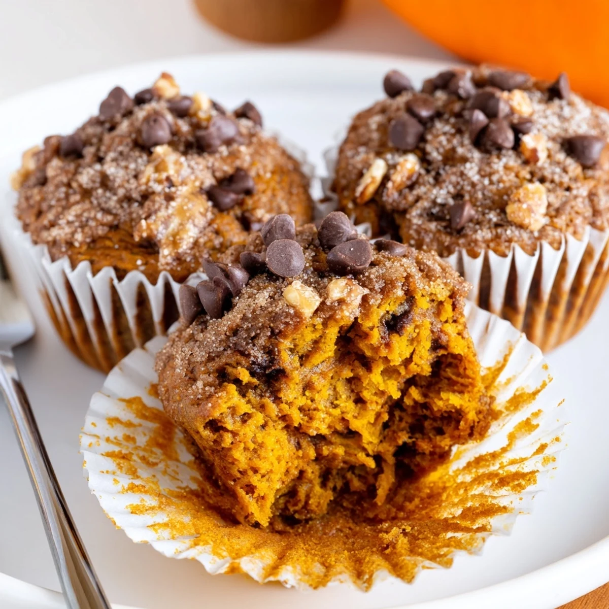A split muffin from Pumpkin Banana Muffins Recipe reveals tender, spiced crumb