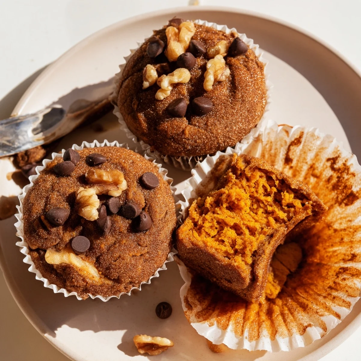 Plate of Pumpkin Banana Muffins Recipe beside steaming coffee, perfect fall breakfast