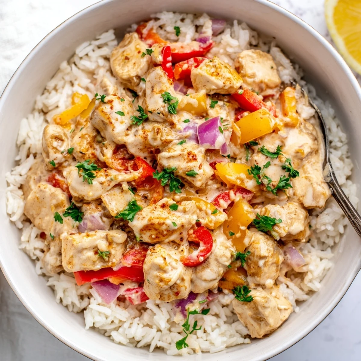 Creamy Cajun Chicken Rice Bowls with tender chicken, spicy sauce, fluffy rice