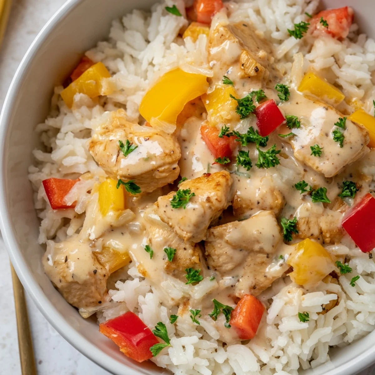 Creamy Cajun Chicken Rice Bowls topped with bright bell peppers and parsley