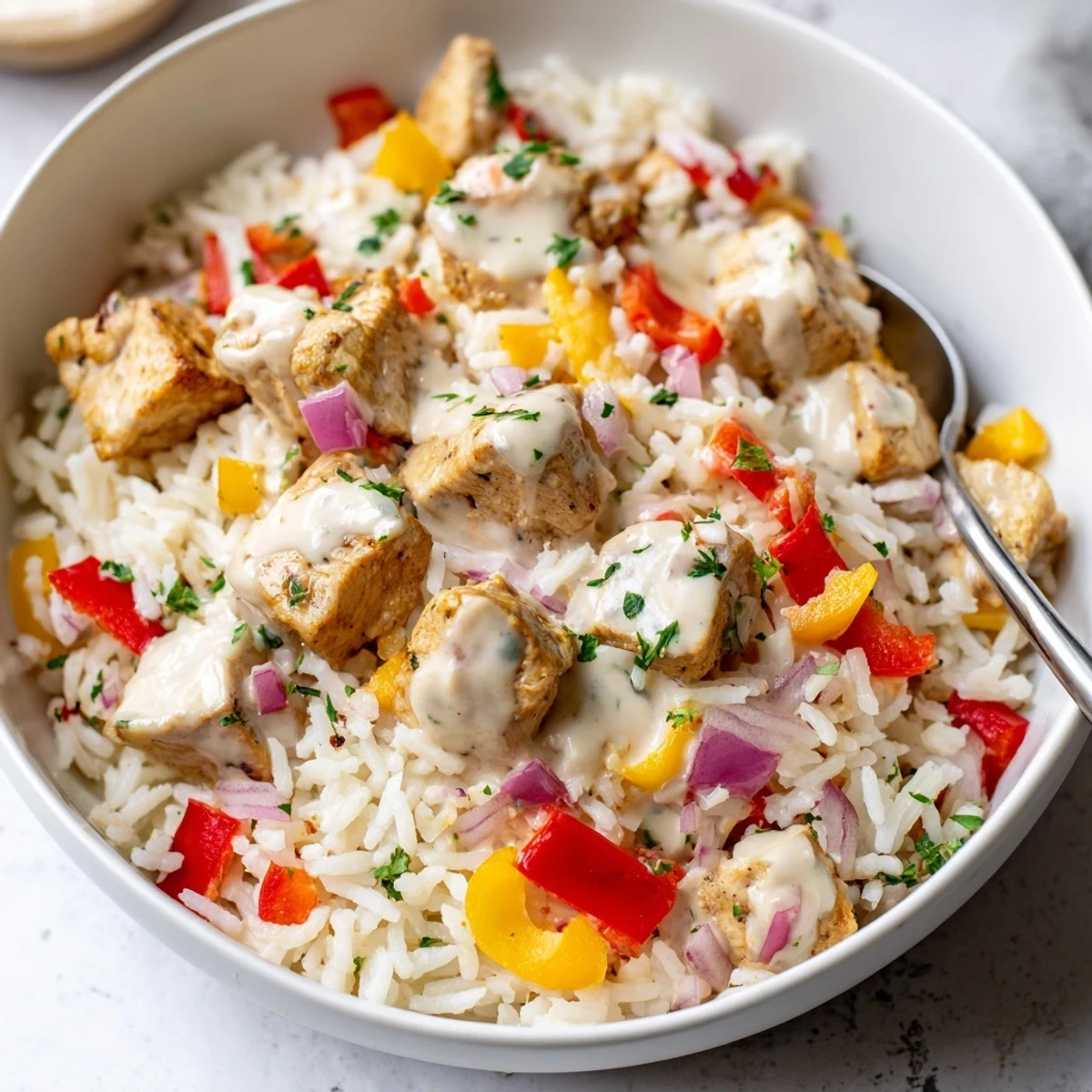 Weeknight-ready Creamy Cajun Chicken Rice Bowls steaming, velvety sauce, lemon wedges optional