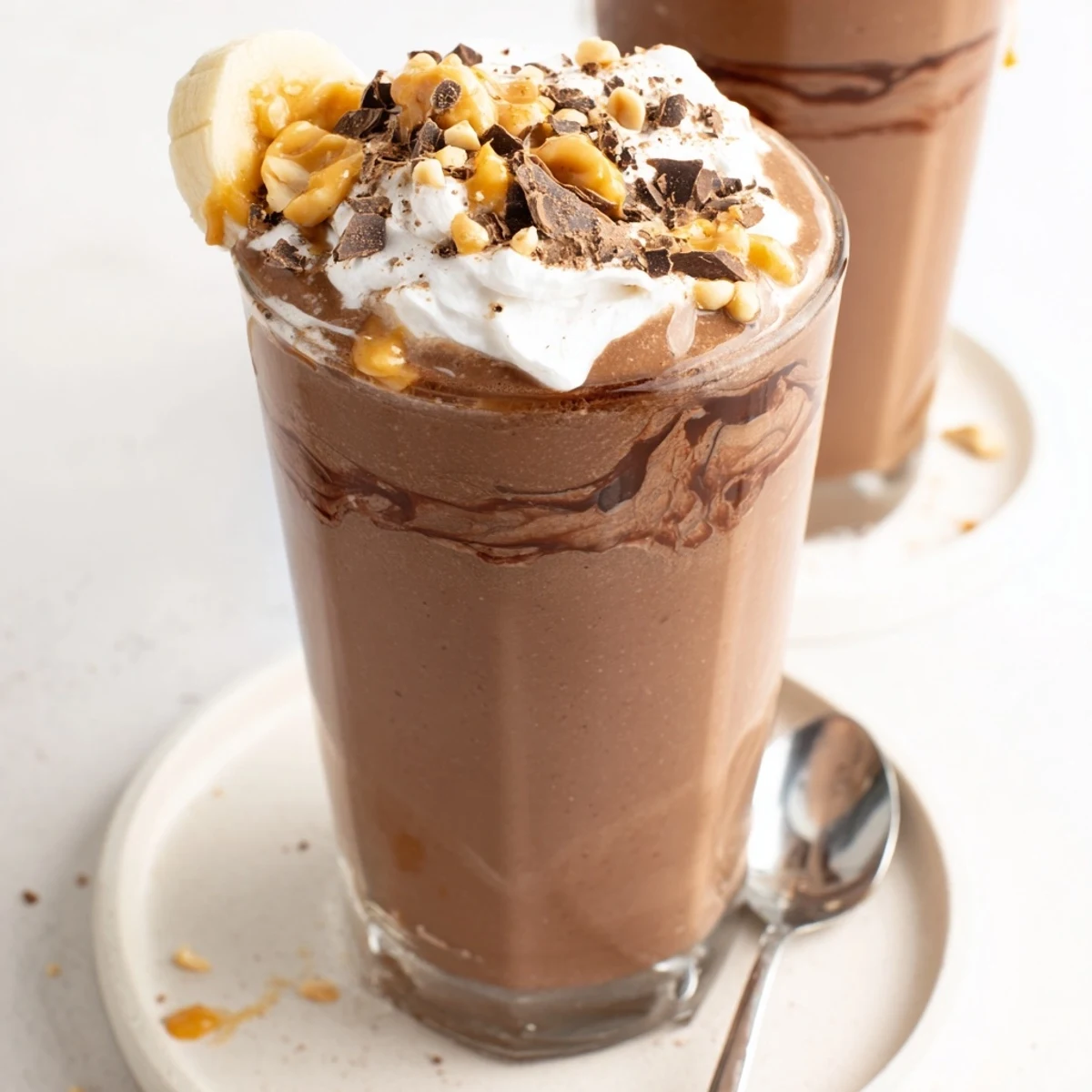 Creamy Chocolate Peanut Butter Smoothie poured into glass, topped with chocolate shavings
