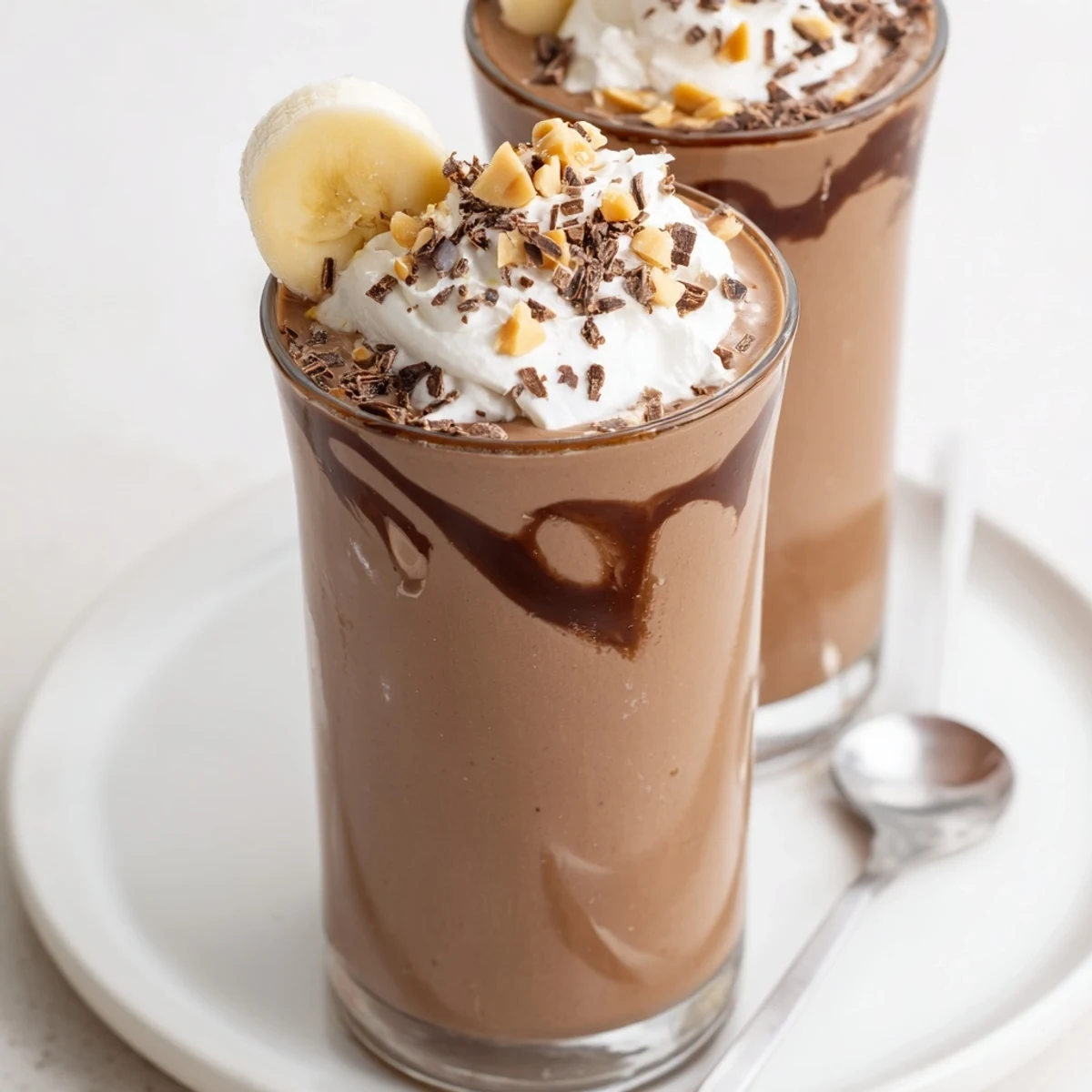 Frothy Chocolate Peanut Butter Smoothie in blender glass, garnished with crushed peanuts