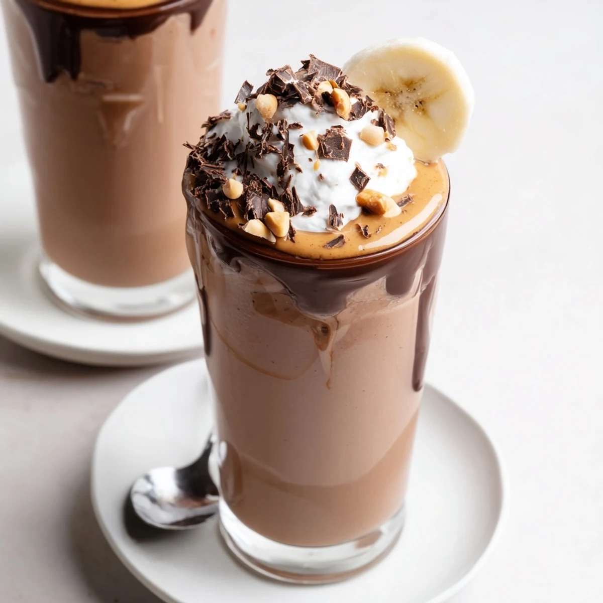 Thick Chocolate Peanut Butter Smoothie swirled with maple syrup, served for breakfast
