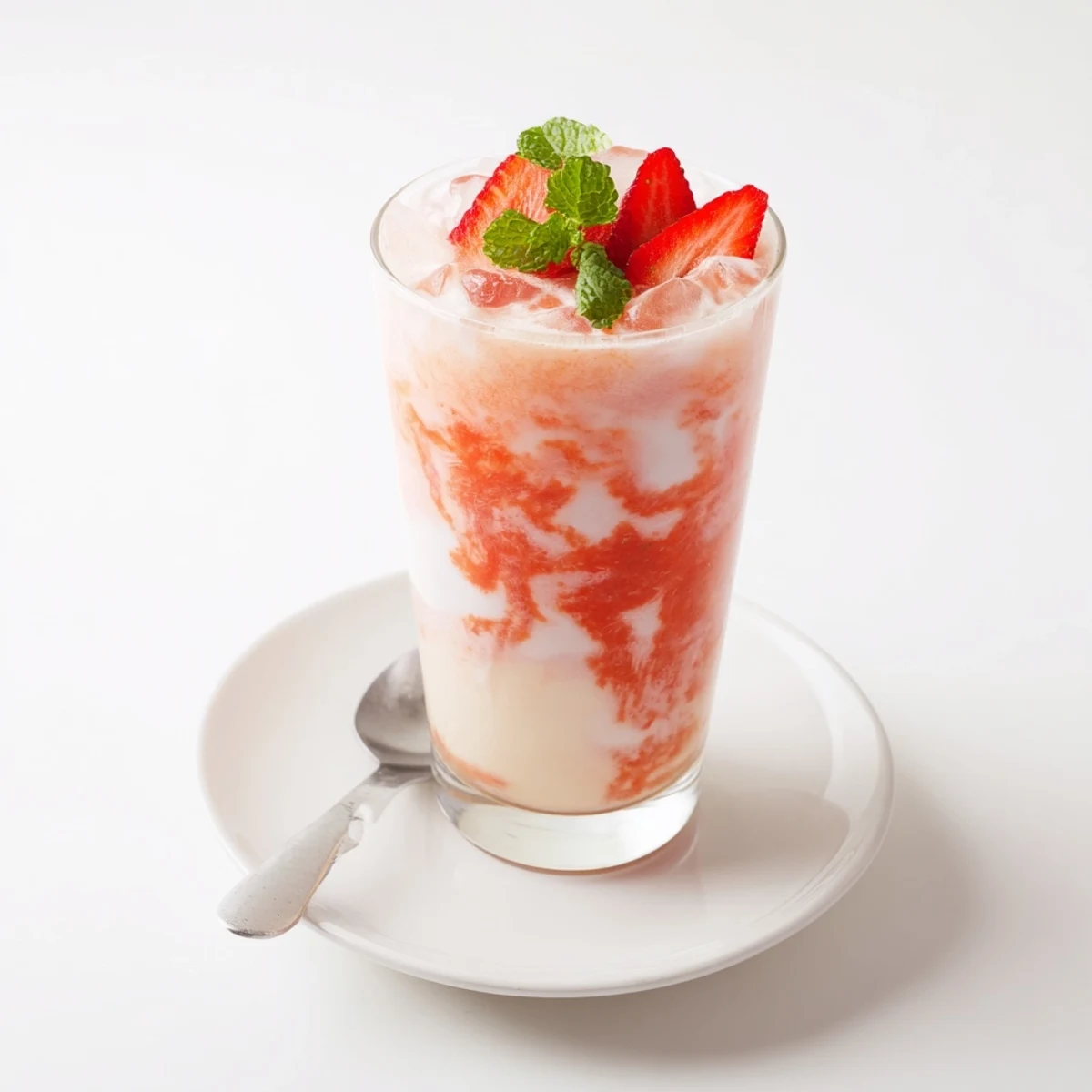 Chilled Strawberry Coconut Cooler Recipe with frothy texture, garnished with mint