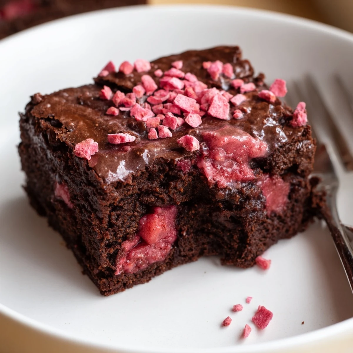 Strawberry Brownies Recipe: fudgy square topped with glossy strawberry glaze and crumbs