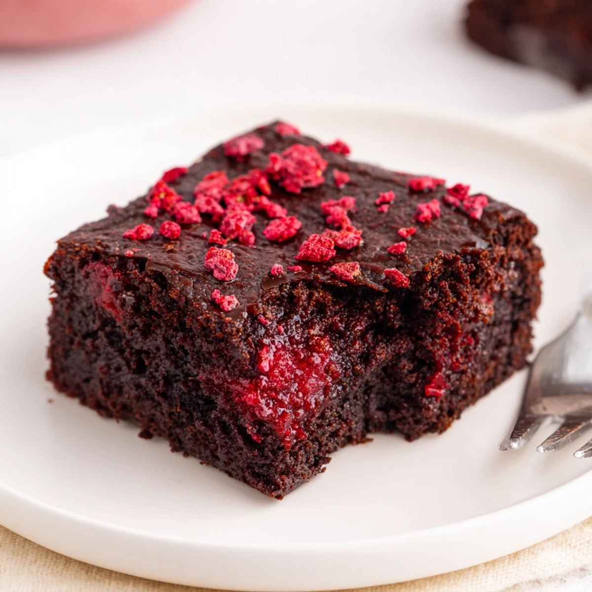Homestyle Strawberry Brownies Recipe stacked on plate, sliced, garnished with fresh berries