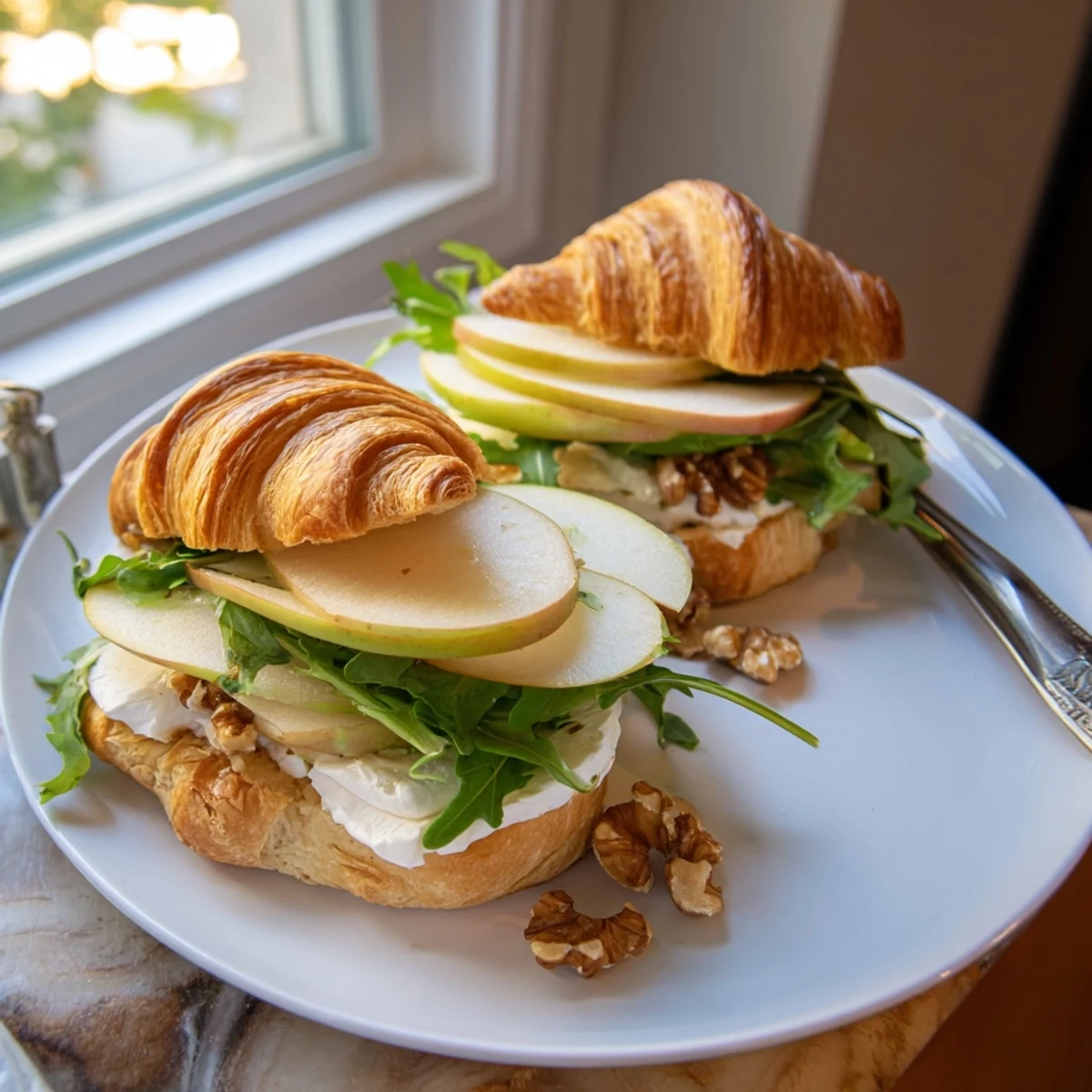 Apple Goat Cheese Croissant Sandwich with crisp apple slices and creamy cheese.