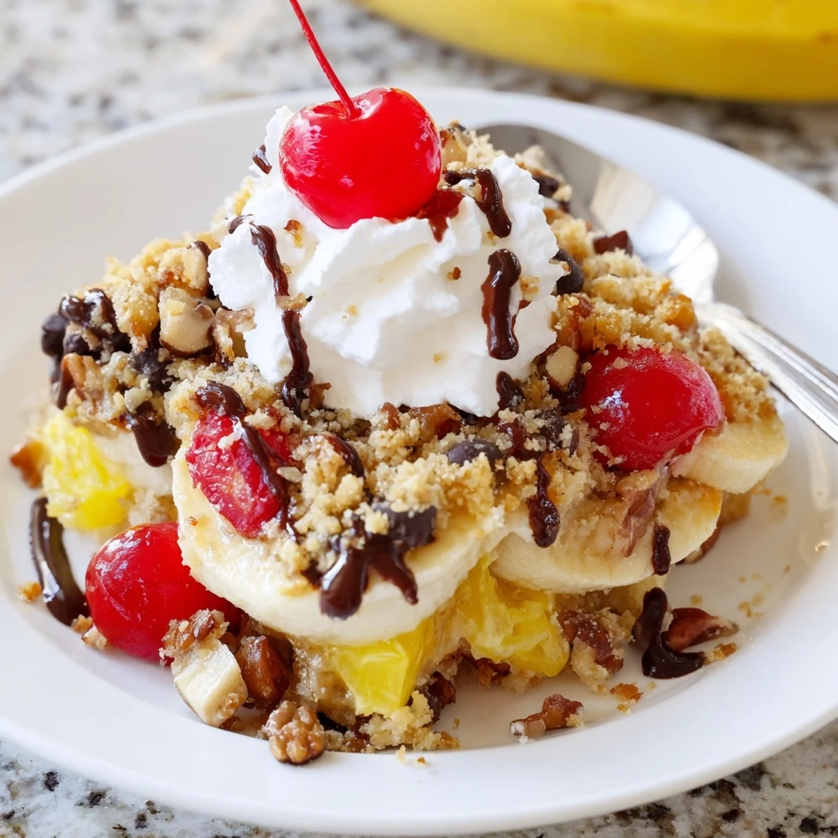 Banana Split Dump Cake with golden bubbling edges, cherry garnish and melted chocolate