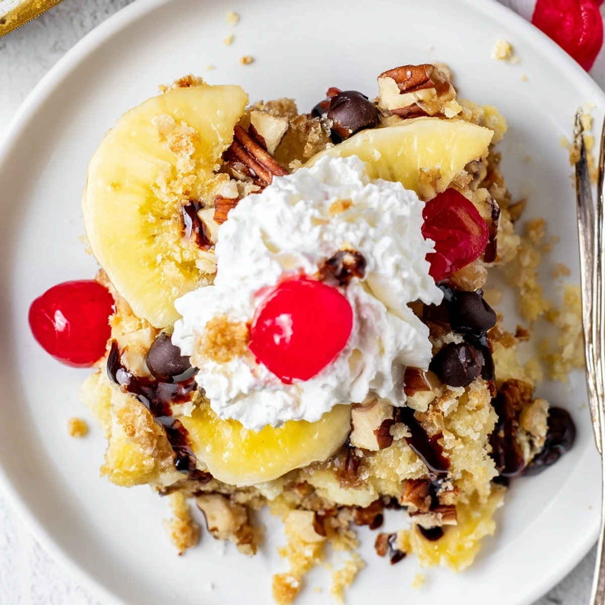 Spoon-ready Banana Split Dump Cake layered with bananas, pineapple, nuts, and ice cream