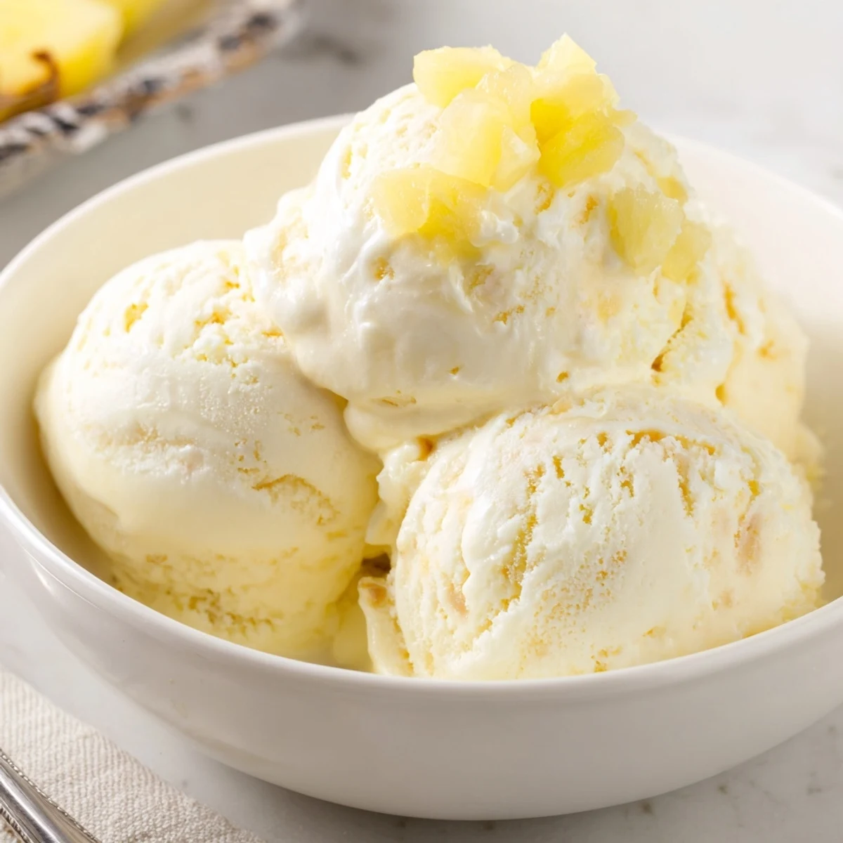 Creamy Pineapple Ice Cream scoops in a chilled bowl, tropical aroma.