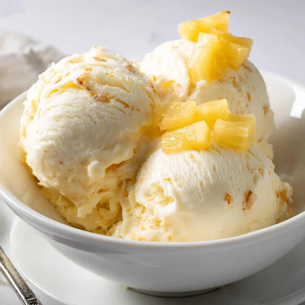Homemade Creamy Pineapple Ice Cream flecked with juicy bites, silky texture.