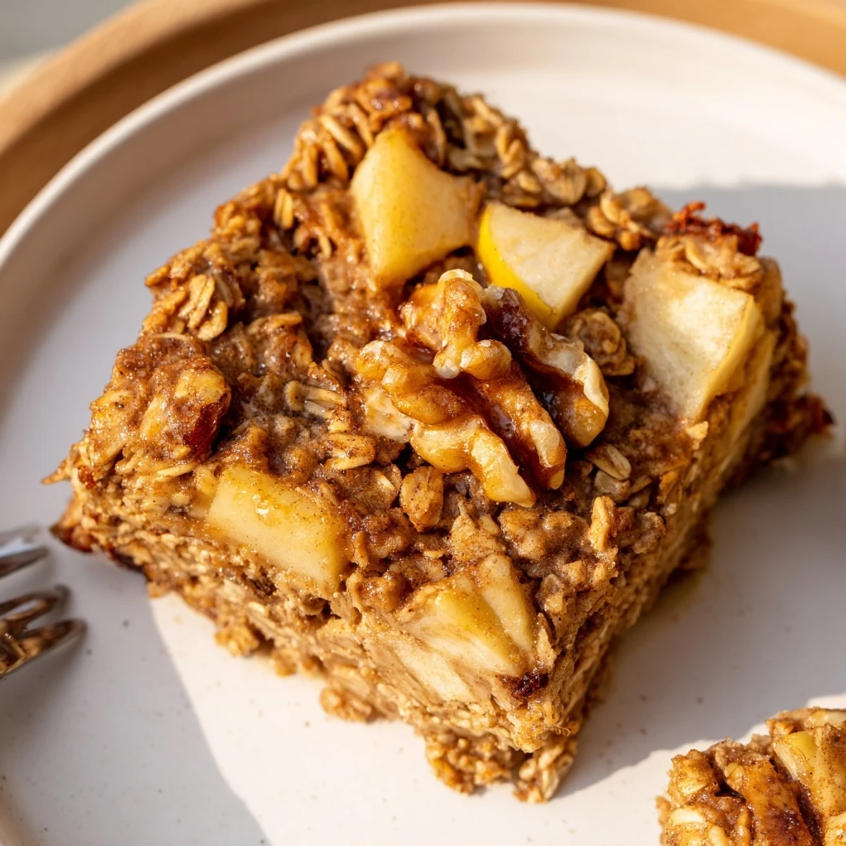 Warm pan of Delicious Apple Cinnamon Oatmeal Bake Recipe For Mornings, steaming.