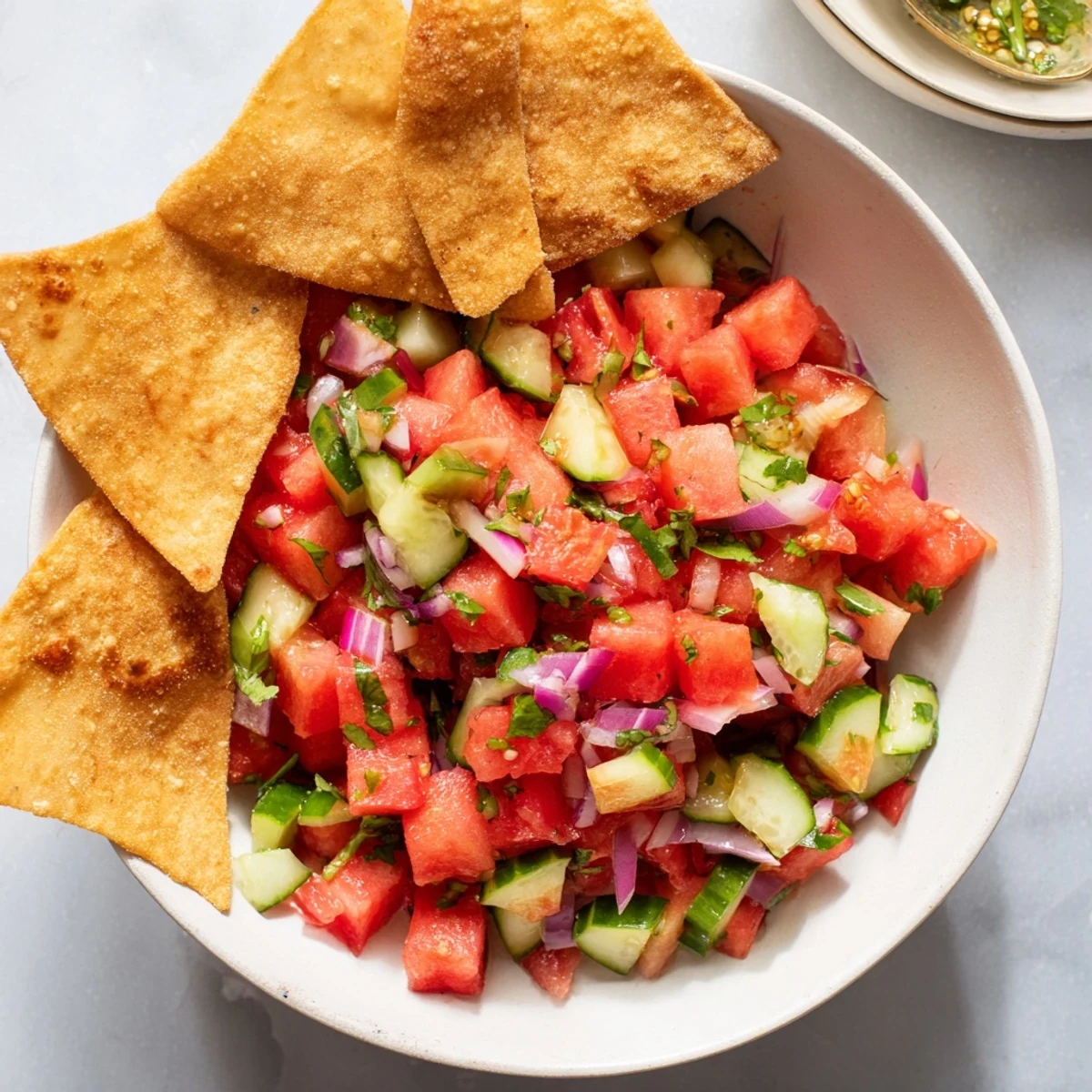 Fresh watermelon salsa with juicy red cubes, crisp cucumber, and cilantro served alongside warm cinnamon sugar tortilla chips