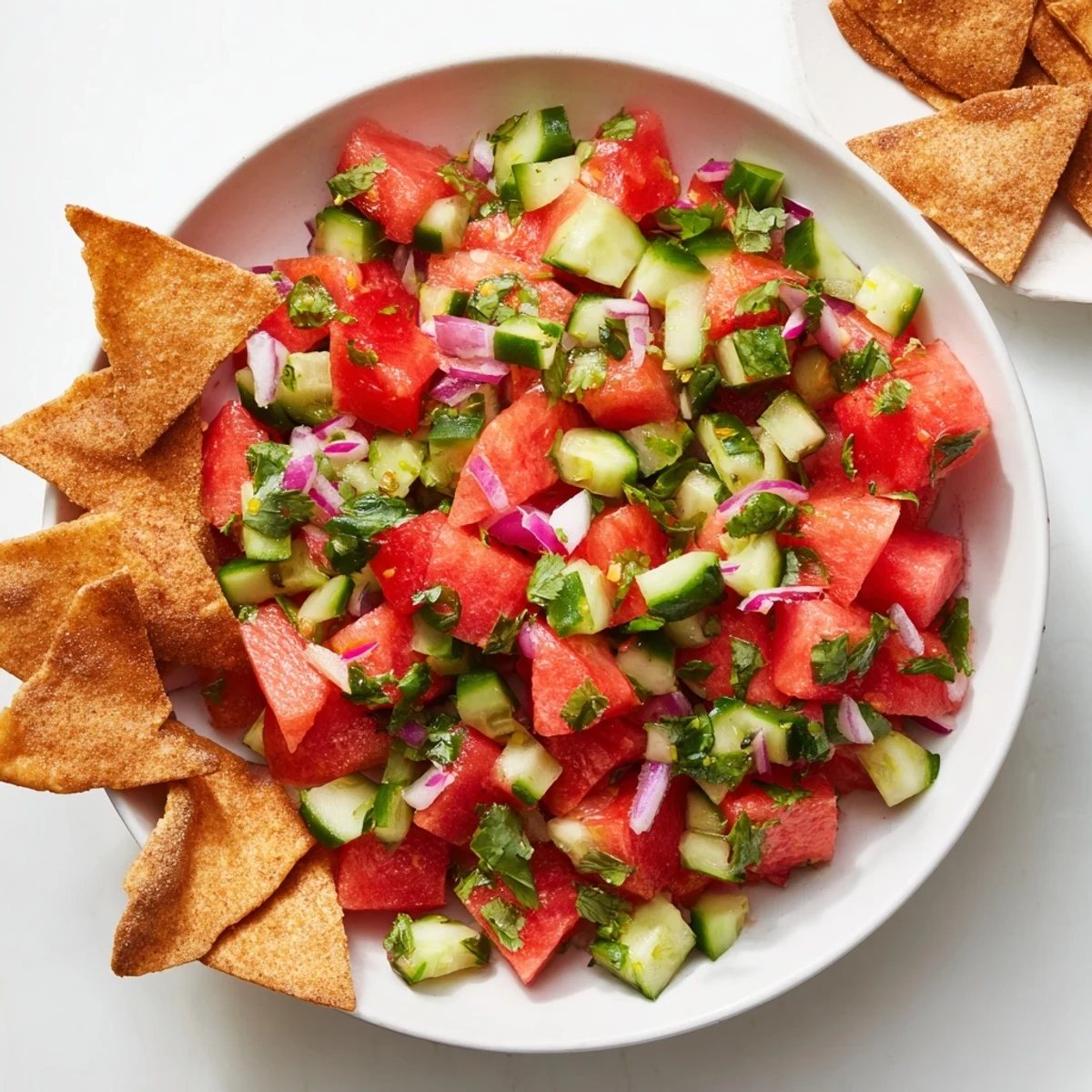 Summer appetizer featuring sweet and spicy watermelon salsa in a white bowl, surrounded by crunchy cinnamon-dusted tortilla chips
