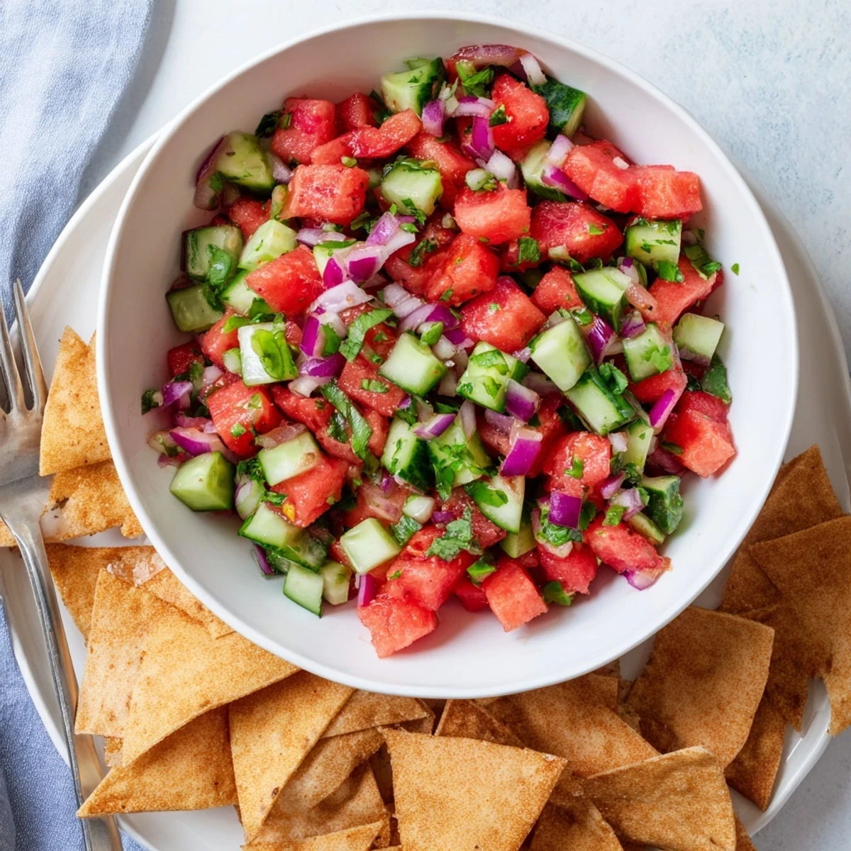 Colorful bowl of chunky watermelon salsa dotted with bell pepper and onion, paired with golden baked cinnamon tortilla wedges