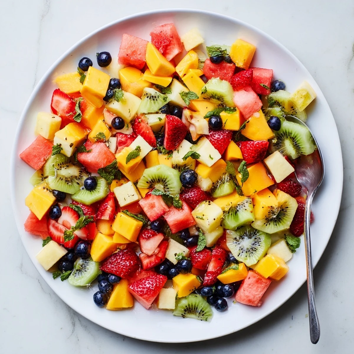Colorful bowl of juicy summer fruit salad drizzled with refreshing citrus-mint syrup