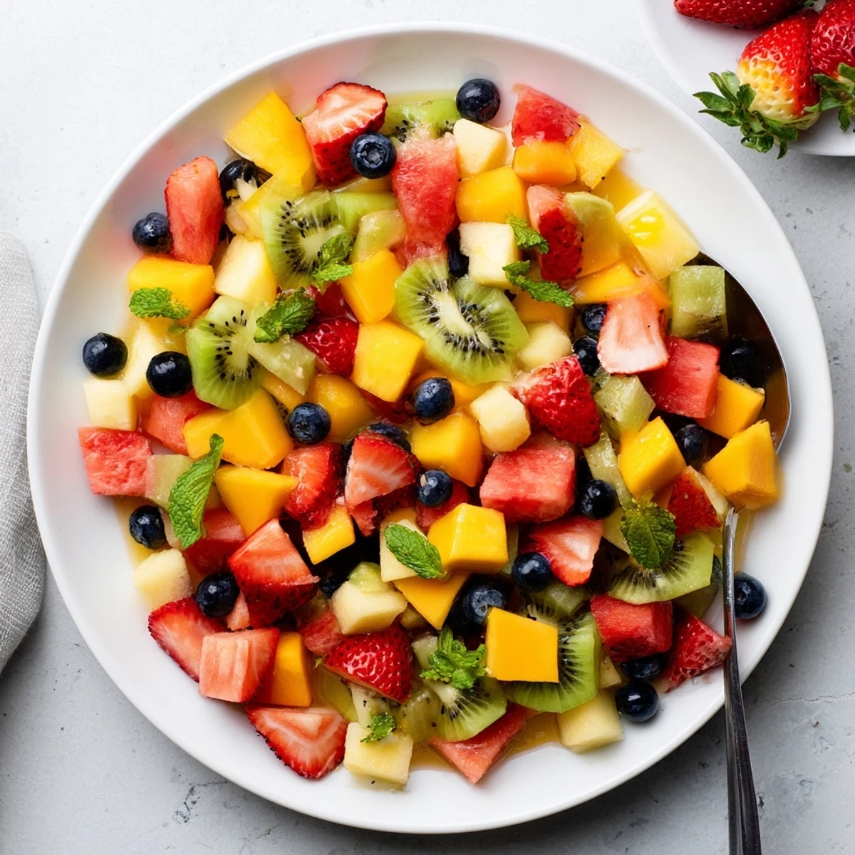 Fresh seasonal fruit medley tossed in zesty lime and orange juice with mint