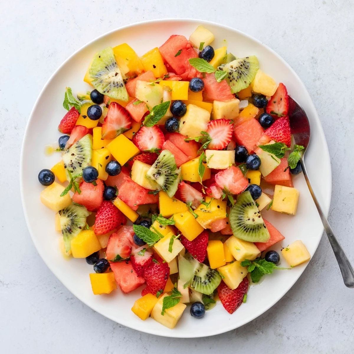 Vibrant summer fruit dessert with watermelon mango strawberries coated in citrus honey dressing