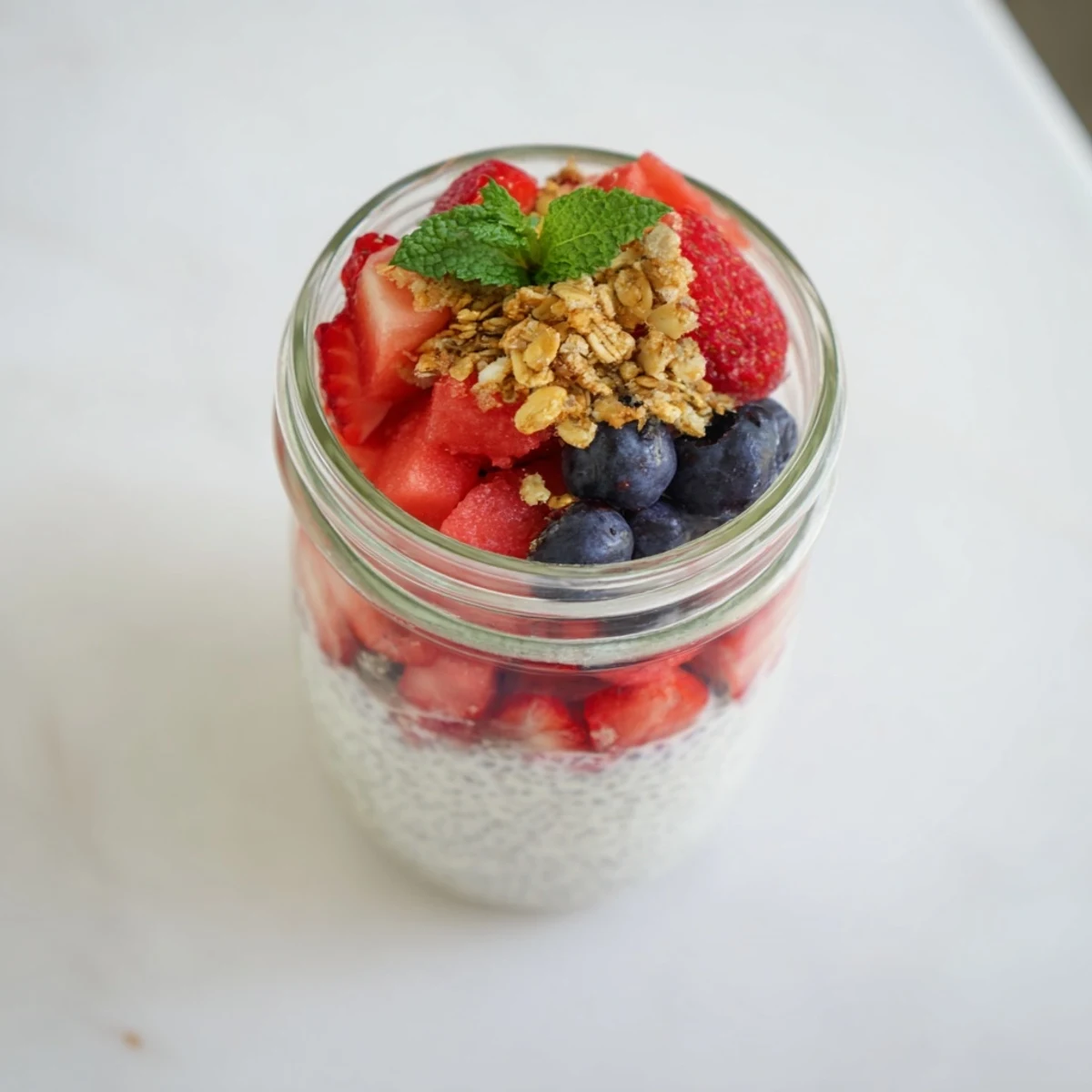 Layered watermelon chia parfait glass topped with fresh berries, granola, and mint
