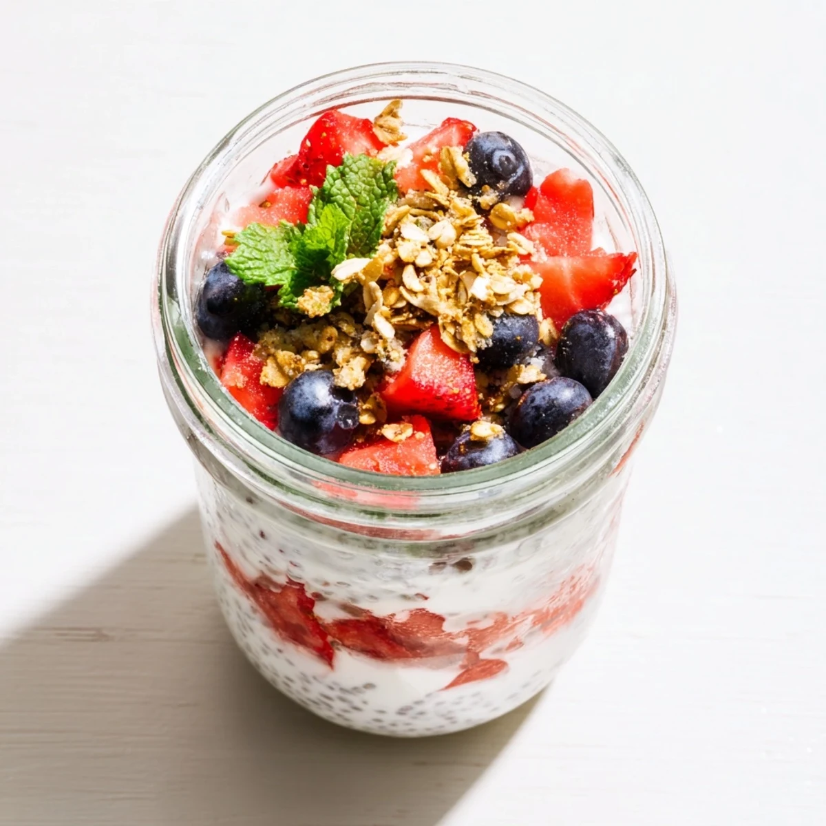 Glass jar displaying refreshing watermelon chia parfait with colorful mixed fruit garnish
