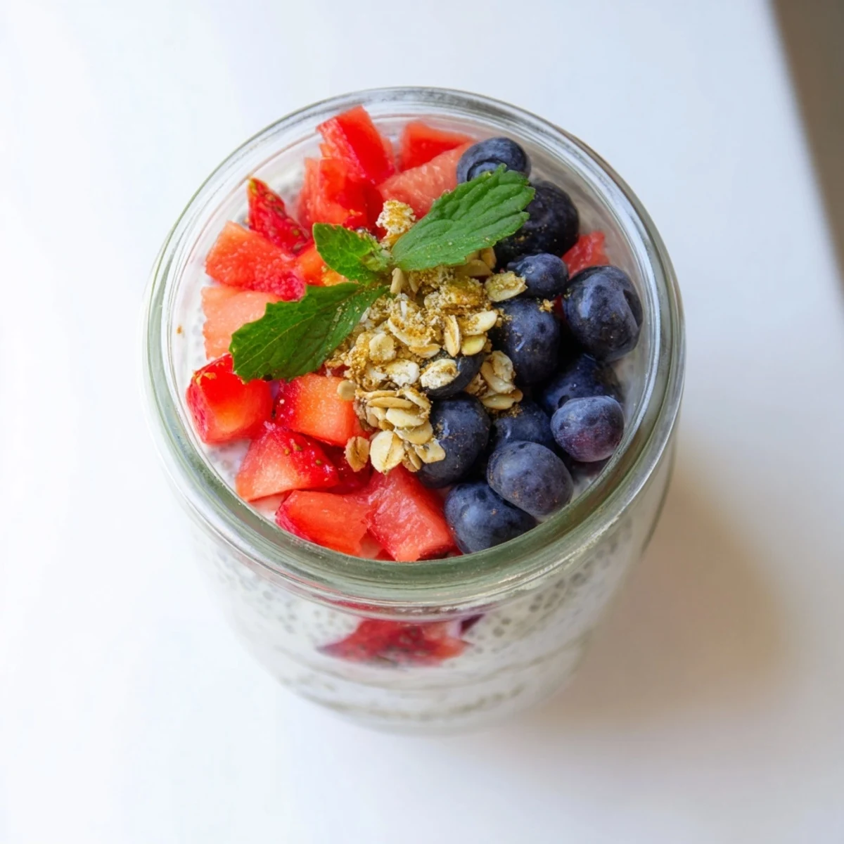 Vibrant parfait layered with juicy watermelon cubes, creamy chia pudding, and crunchy granola