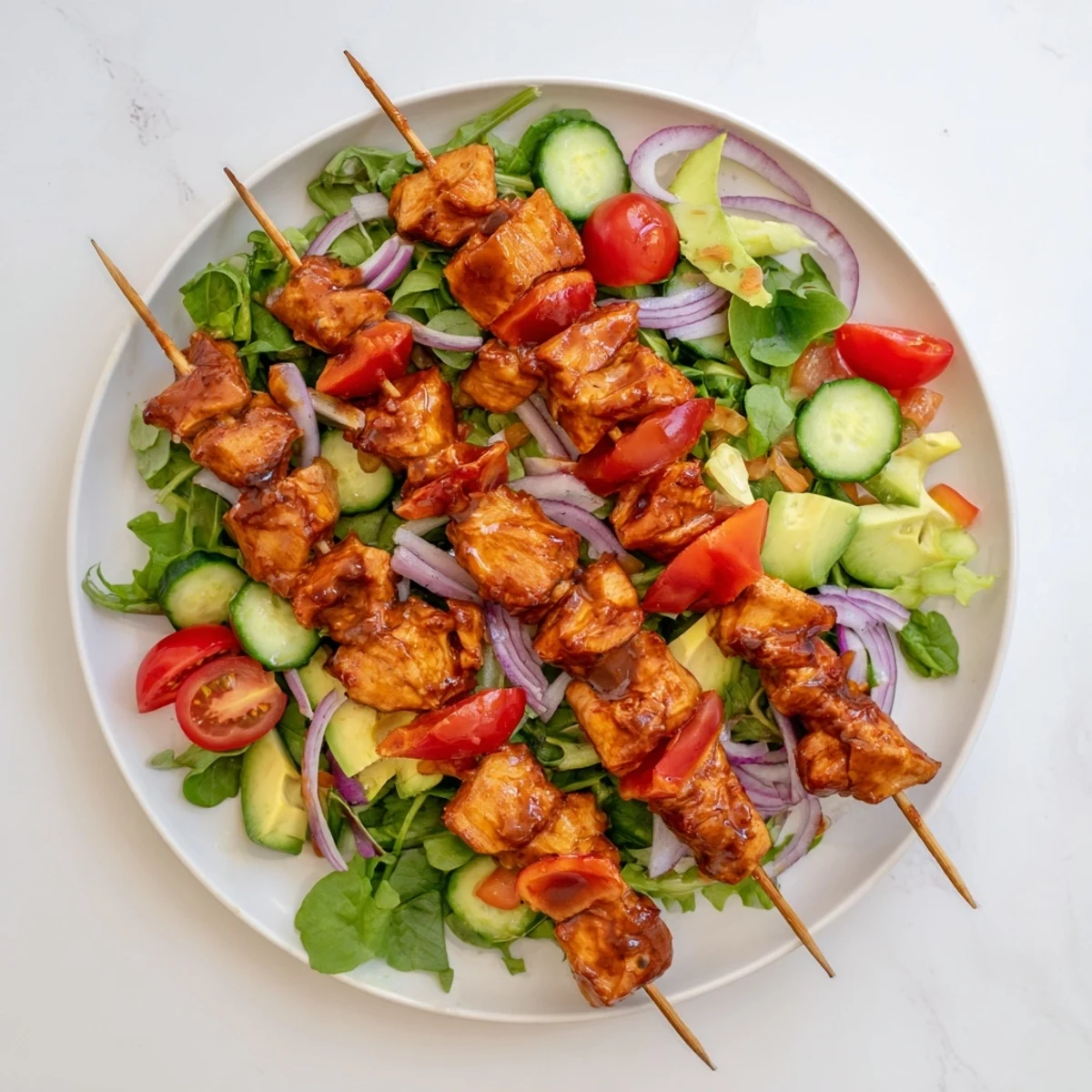 Colorful BBQ chicken skewer salad with grilled chicken on fresh mixed greens and vegetables