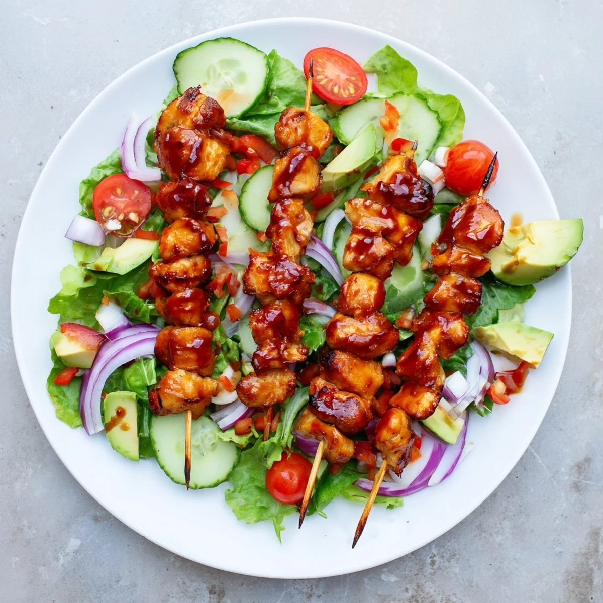 Smoky BBQ chicken skewer salad featuring charred chicken atop crisp lettuce with colorful diced vegetables