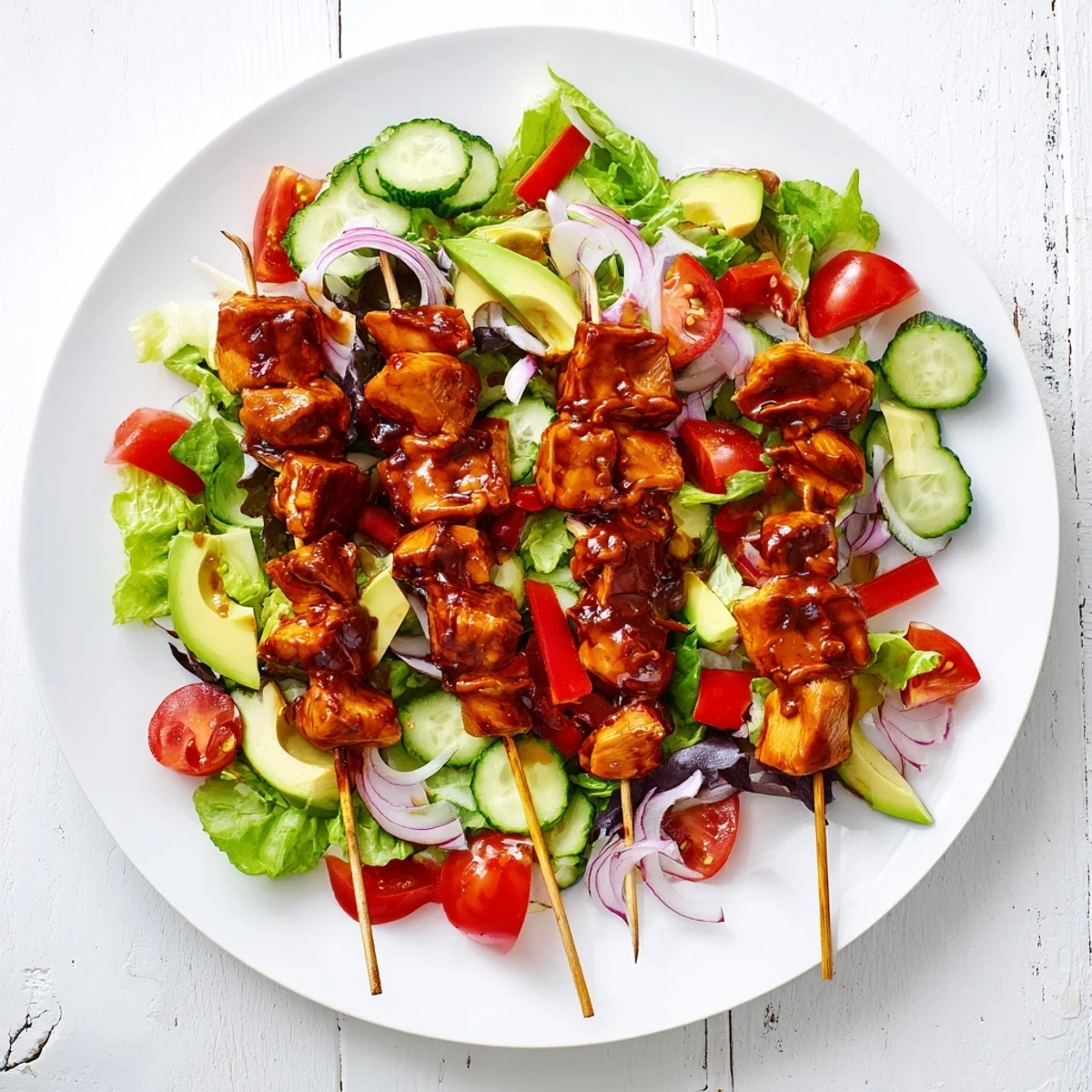 Summer BBQ chicken skewer salad drizzled with tangy dressing and served on a bed of greens