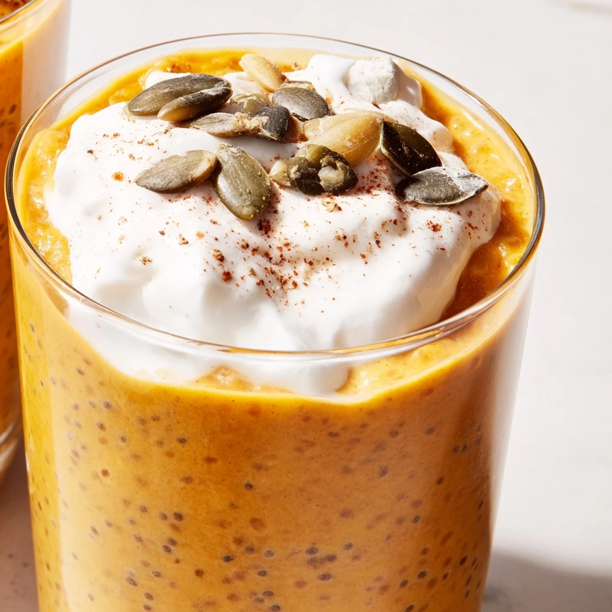 Creamy pumpkin chia refreshment topped with whipped cream and toasted pumpkin seeds in a clear glass