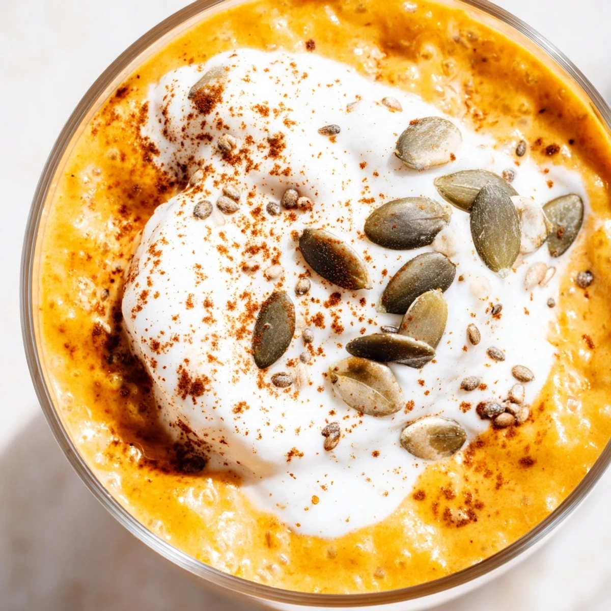 Velvety pumpkin spice chia drink layered with coconut cream and cinnamon for a fall dessert beverage