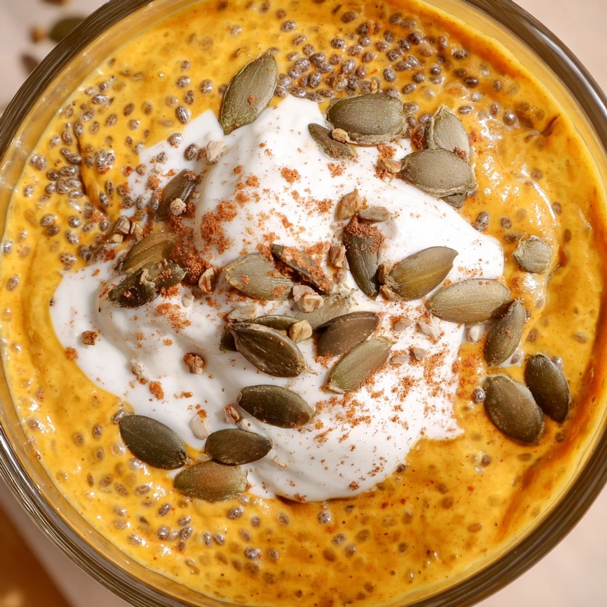 Chilled pumpkin chia parfait with almond milk and autumn spices garnished with pumpkin seeds