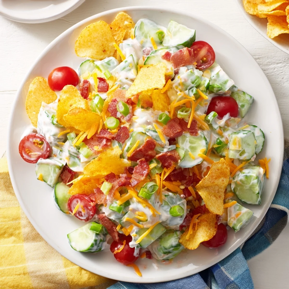 Cucumber Ranch Crack Salad topped with crumbled bacon, shredded cheddar, and crushed potato chips in a white serving bowl
