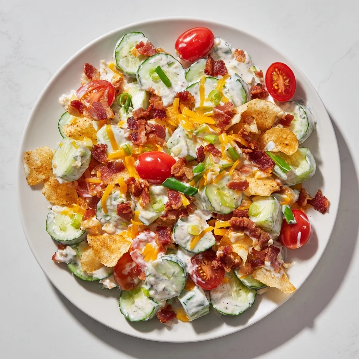 Fresh cucumber salad with creamy ranch dressing, cherry tomatoes, and crispy bacon bits on a rustic wooden table
