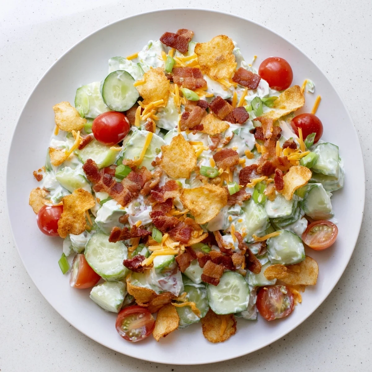 Summer potluck salad featuring crisp cucumbers, tangy ranch coating, cheese, and crunchy chip garnish for easy entertaining
